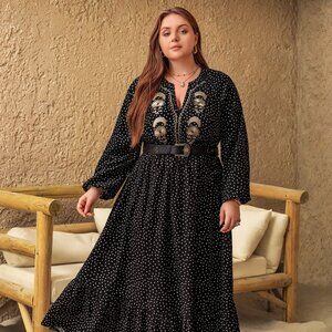 Plus Size Embroidered Polka Dot Notched Long Sleeve Dress